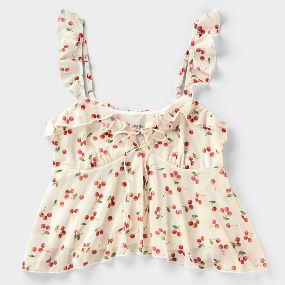 wild fable Cream Cherry Print Ruffle Tie-Front Cami